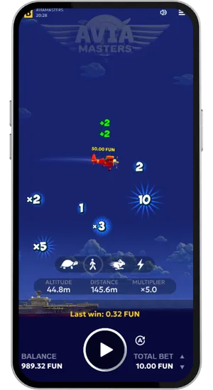 Aviamasters plane airborne collecting multiplier tokens at altitude of 44 metres with active bet of 10 FUN