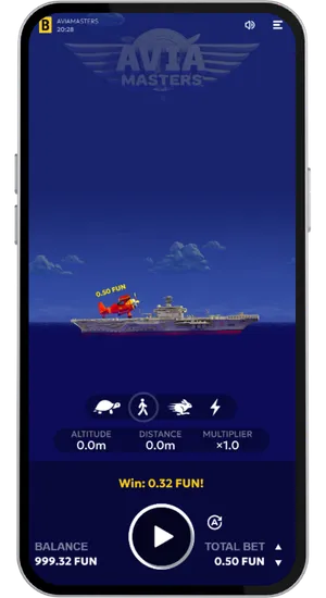 Aviamasters red plane sitting on aircraft carrier deck ready for takeoff with balance and bet controls visible