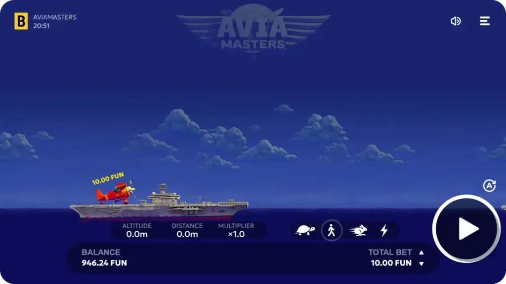 Aviamasters gameplay interface showing rocket flight and cashout controls