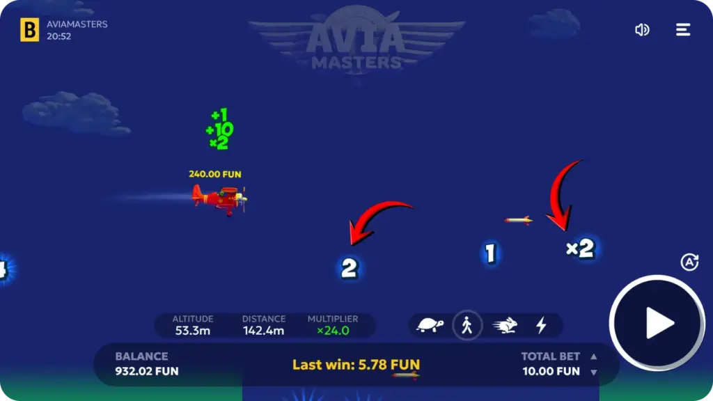 Payout multipliers shown on the Aviamasters rocket flight path