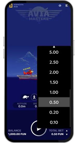 Aviamasters bet panel with stake slider ranging from £0.10 to £100 per round before launch